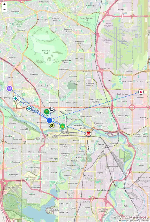 Daily accessibility map for 2017 5 AV NW, Calgary showing nearby schools, grocery stores, parks, LRT stations and nearby amenities