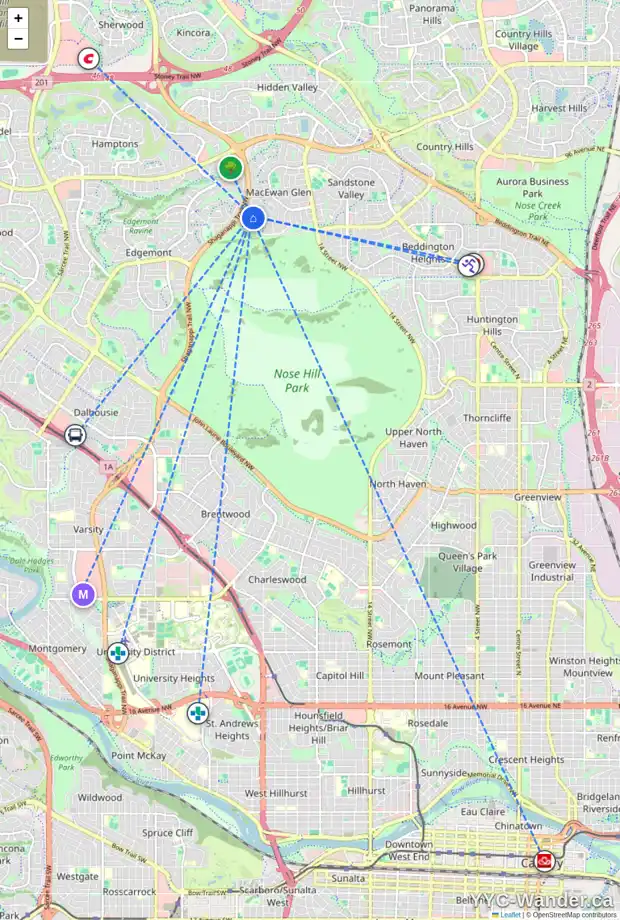 Daily accessibility map for 56 MACEWAN PARK MR NW, Calgary showing nearby schools, grocery stores, parks, LRT stations and nearby amenities