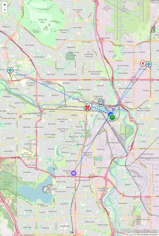 Daily accessibility map for 11 NEW ST SE, Calgary showing nearby schools, grocery stores, parks, LRT stations and nearby amenities