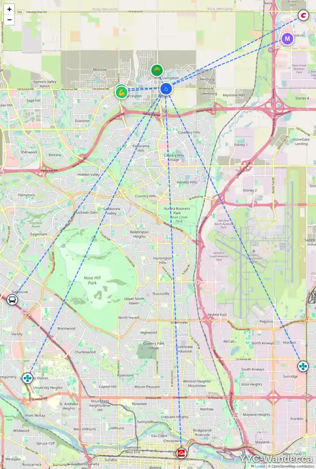 Daily accessibility map for 205 LIVINGSTON CM NE, Calgary showing nearby schools, grocery stores, parks, LRT stations and nearby amenities