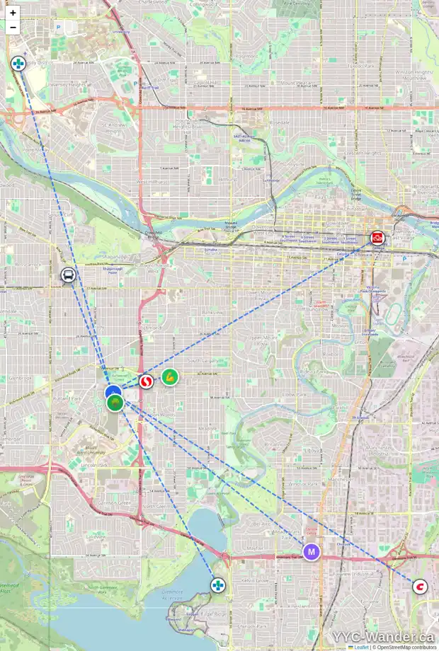 Daily accessibility map for 329 BESSBOROUGH DR SW, Calgary showing nearby schools, grocery stores, parks, LRT stations and nearby amenities