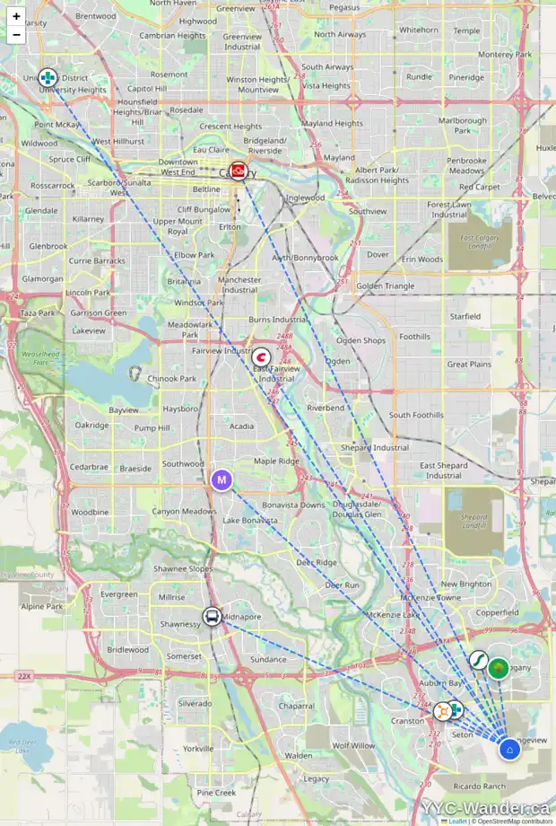 Daily accessibility map for 7468 202 AV SE, Calgary showing nearby schools, grocery stores, parks, LRT stations and nearby amenities