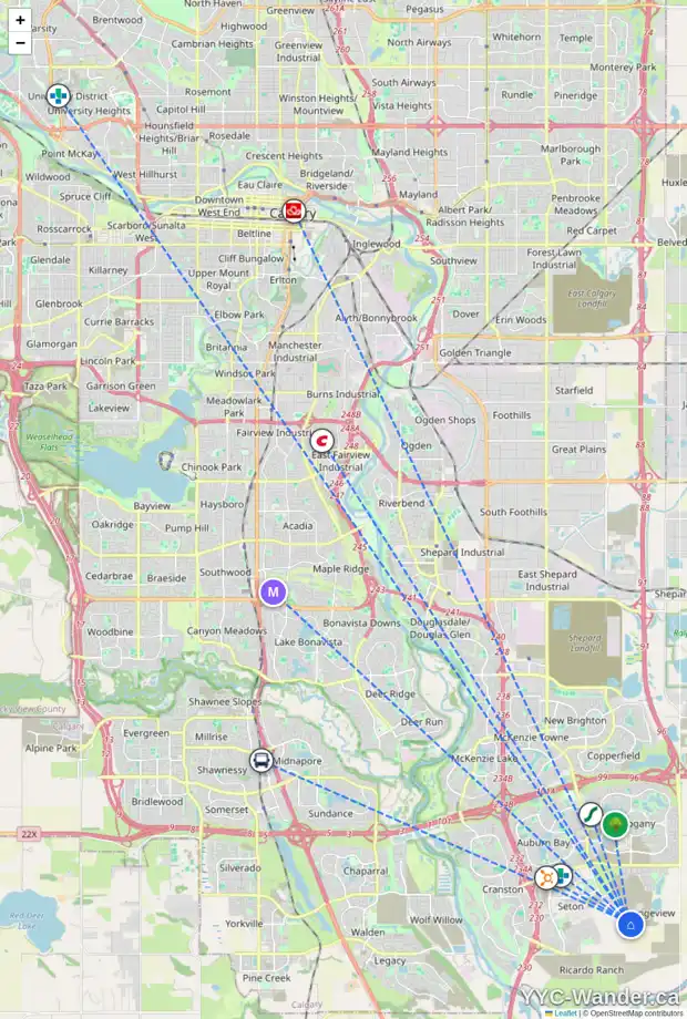 Daily accessibility map for 7510 202 AV SE, Calgary showing nearby schools, grocery stores, parks, LRT stations and nearby amenities