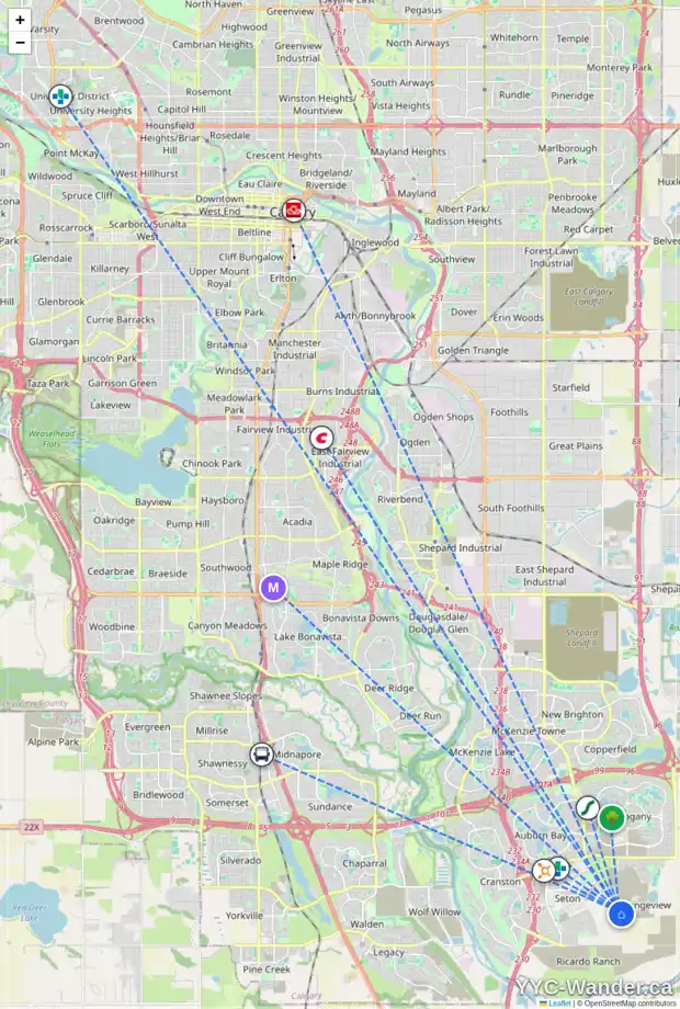 Daily accessibility map for 215 MALLARD GV SE, Calgary showing nearby schools, grocery stores, parks, LRT stations and nearby amenities