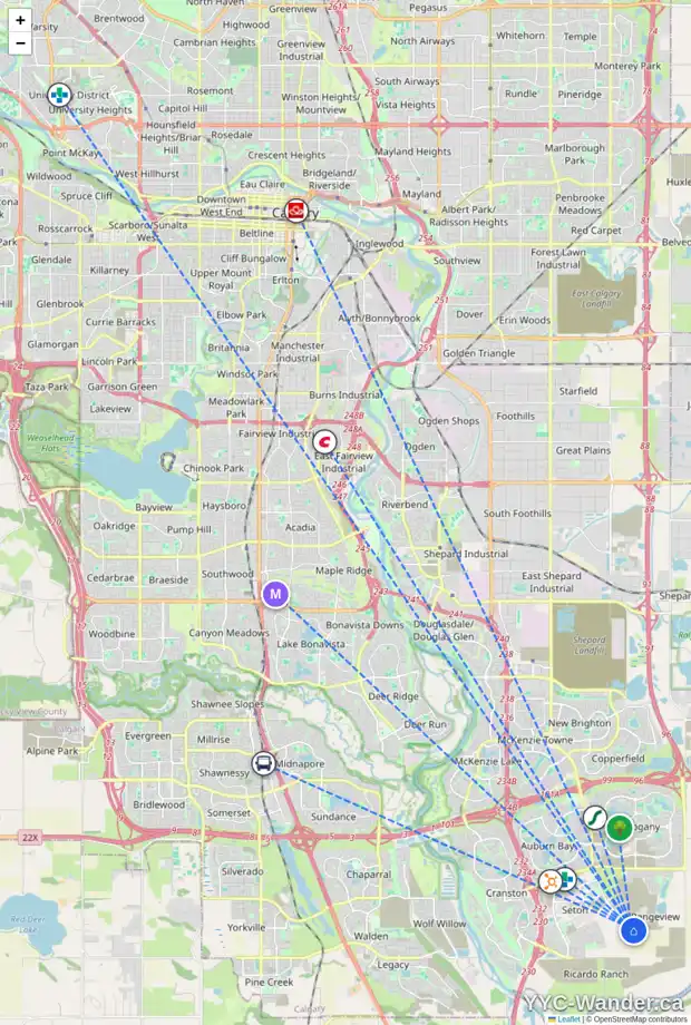 Daily accessibility map for 7475 202 AV SE, Calgary showing nearby schools, grocery stores, parks, LRT stations and nearby amenities