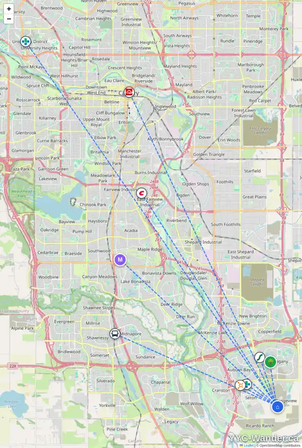 Daily accessibility map for 7517 202 AV SE, Calgary showing nearby schools, grocery stores, parks, LRT stations and nearby amenities