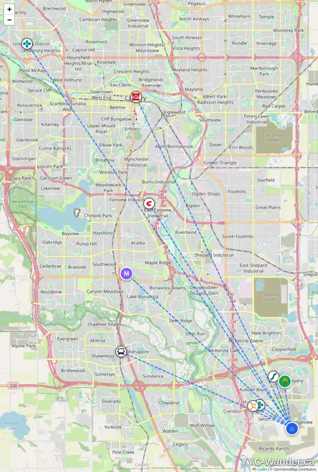Daily accessibility map for 7513 202 AV SE, Calgary showing nearby schools, grocery stores, parks, LRT stations and nearby amenities