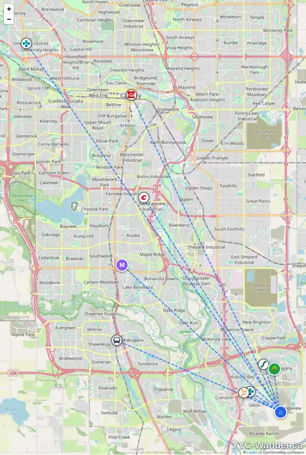 Daily accessibility map for 150 MALLARD GV SE, Calgary showing nearby schools, grocery stores, parks, LRT stations and nearby amenities