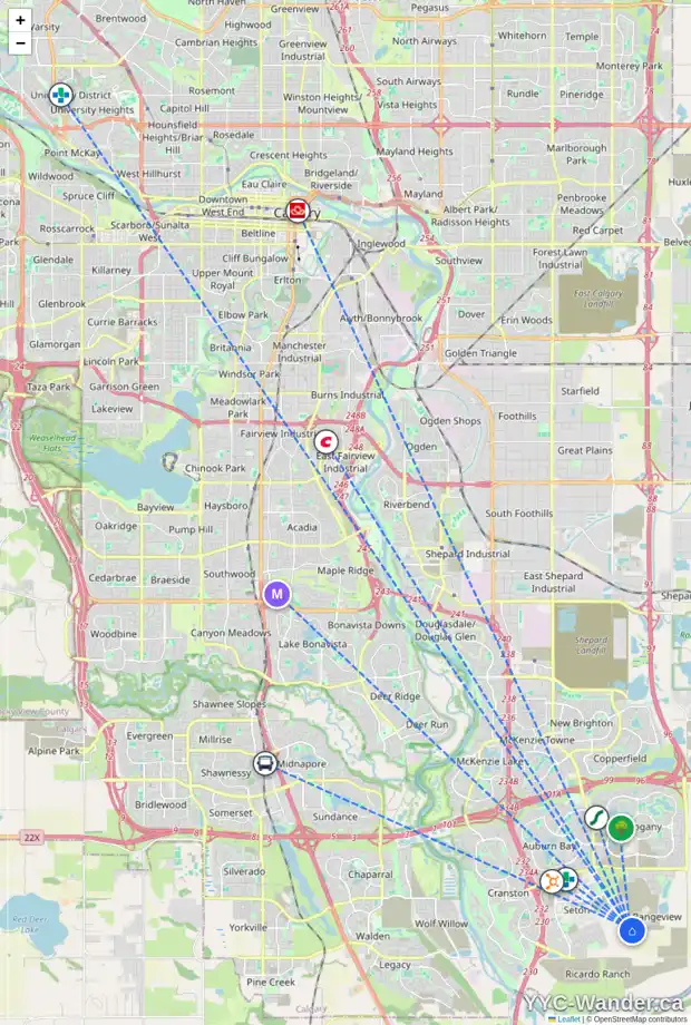 Daily accessibility map for 7379 202 AV SE, Calgary showing nearby schools, grocery stores, parks, LRT stations and nearby amenities