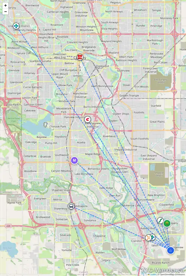 Daily accessibility map for 7458 202 AV SE, Calgary showing nearby schools, grocery stores, parks, LRT stations and nearby amenities