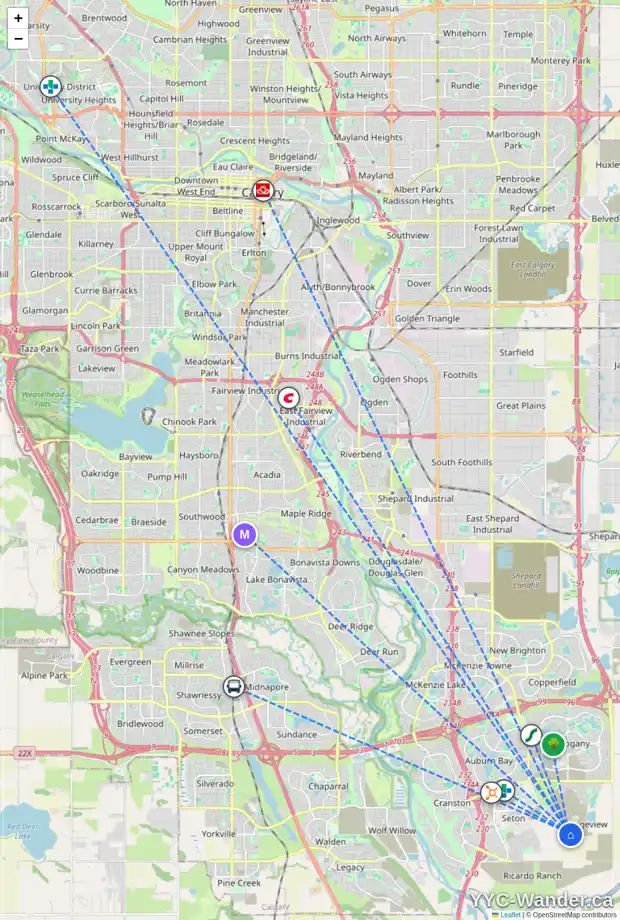 Daily accessibility map for 7574 202 AV SE, Calgary showing nearby schools, grocery stores, parks, LRT stations and nearby amenities