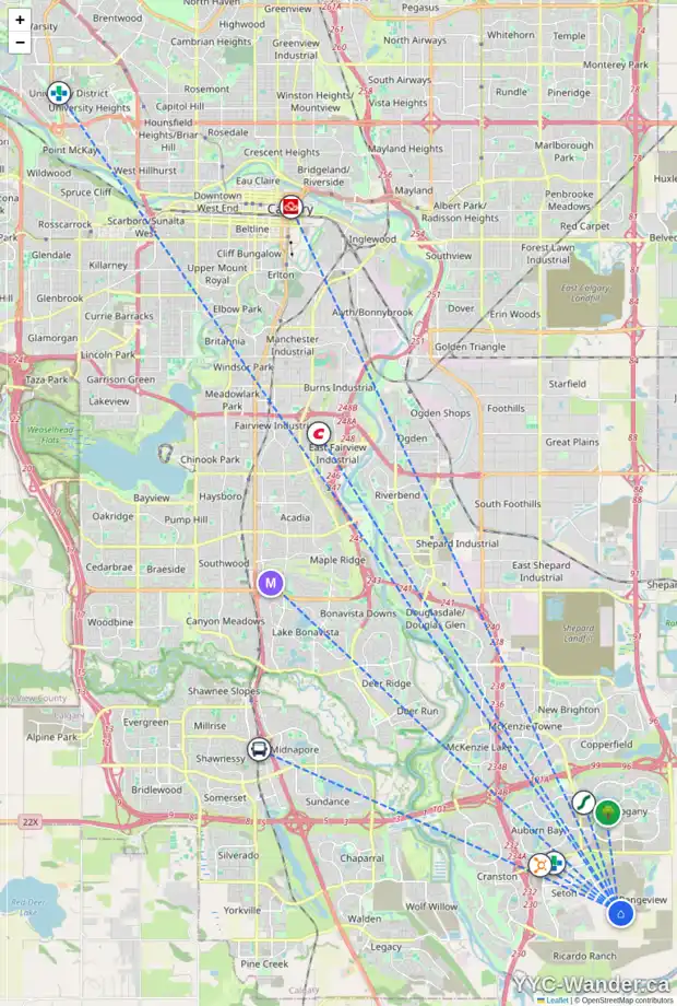 Daily accessibility map for 7451 202 AV SE, Calgary showing nearby schools, grocery stores, parks, LRT stations and nearby amenities