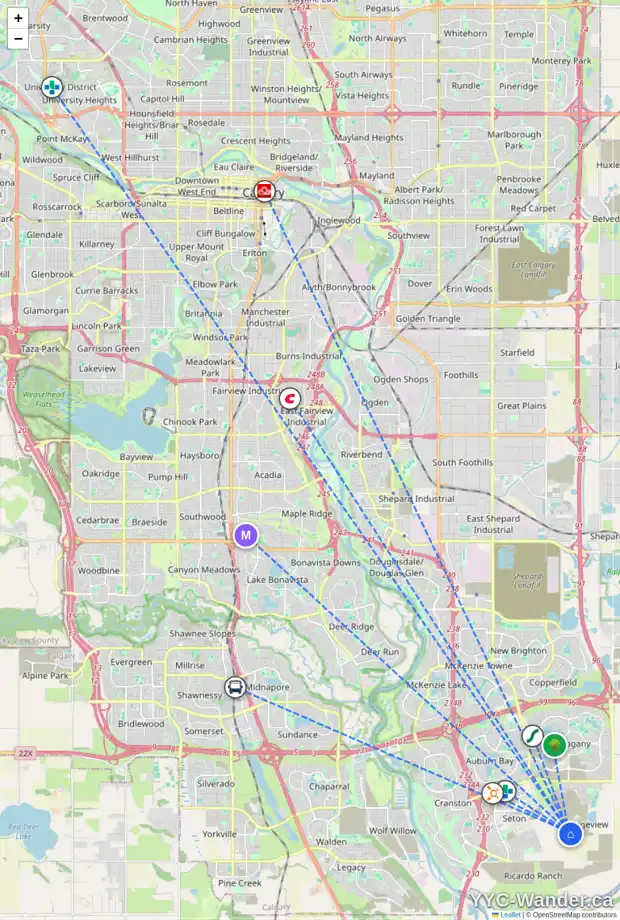 Daily accessibility map for 105 MALLARD GV SE, Calgary showing nearby schools, grocery stores, parks, LRT stations and nearby amenities