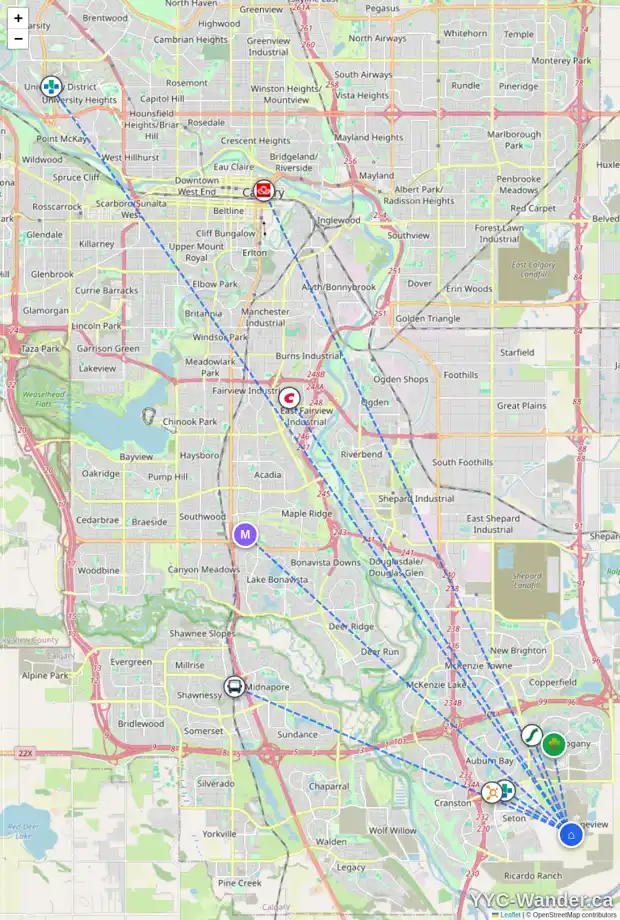 Daily accessibility map for 7570 202 AV SE, Calgary showing nearby schools, grocery stores, parks, LRT stations and nearby amenities