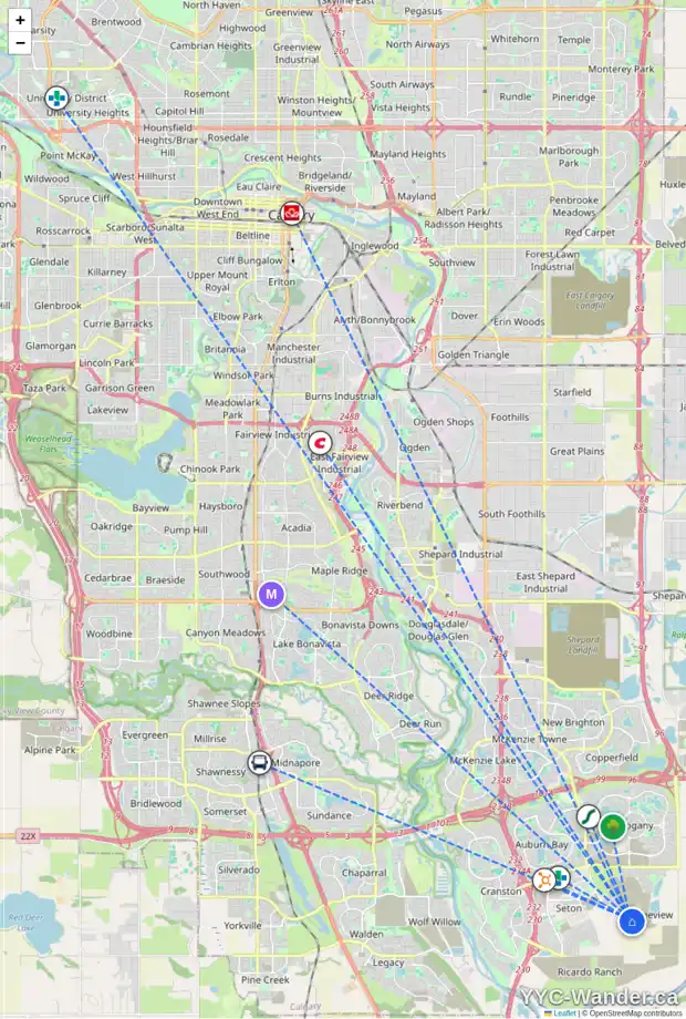 Daily accessibility map for 57 MALLARD GV SE, Calgary showing nearby schools, grocery stores, parks, LRT stations and nearby amenities