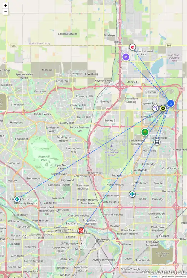 Daily accessibility map for 713 CORNERSTONE AV NE, Calgary showing nearby schools, grocery stores, parks, LRT stations and nearby amenities