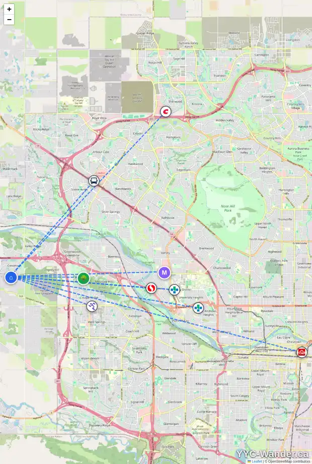 Daily accessibility map for 46 CRESTRIDGE LD SW, Calgary showing nearby schools, grocery stores, parks, LRT stations and nearby amenities