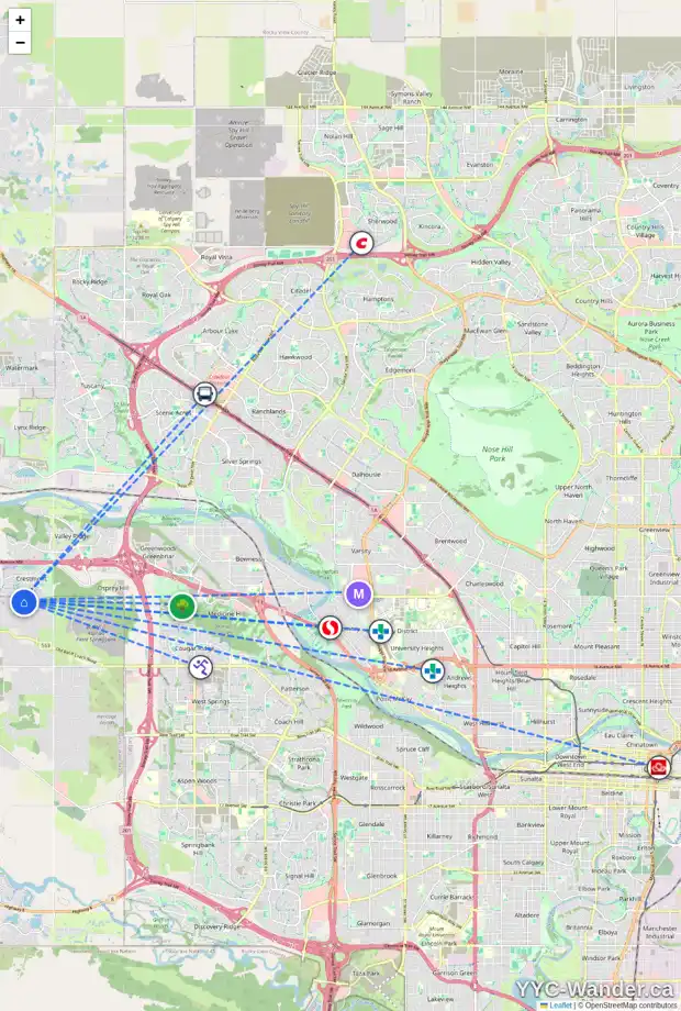 Daily accessibility map for 54 CRESTRIDGE LD SW, Calgary showing nearby schools, grocery stores, parks, LRT stations and nearby amenities