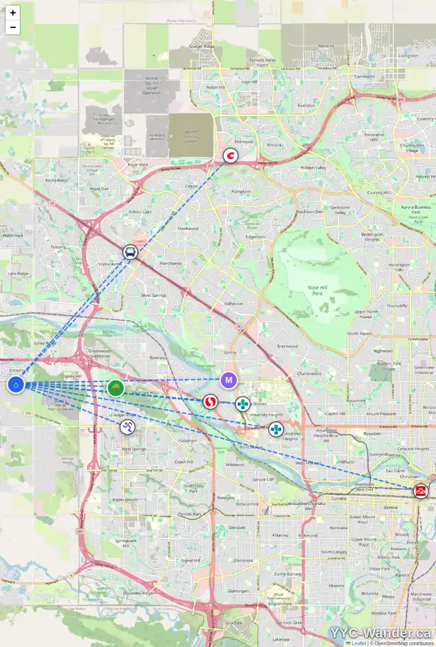 Daily accessibility map for 26 CRESTRIDGE LD SW, Calgary showing nearby schools, grocery stores, parks, LRT stations and nearby amenities