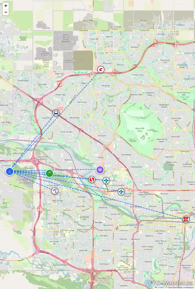Daily accessibility map for 47 CRESTRIDGE HT SW, Calgary showing nearby schools, grocery stores, parks, LRT stations and nearby amenities