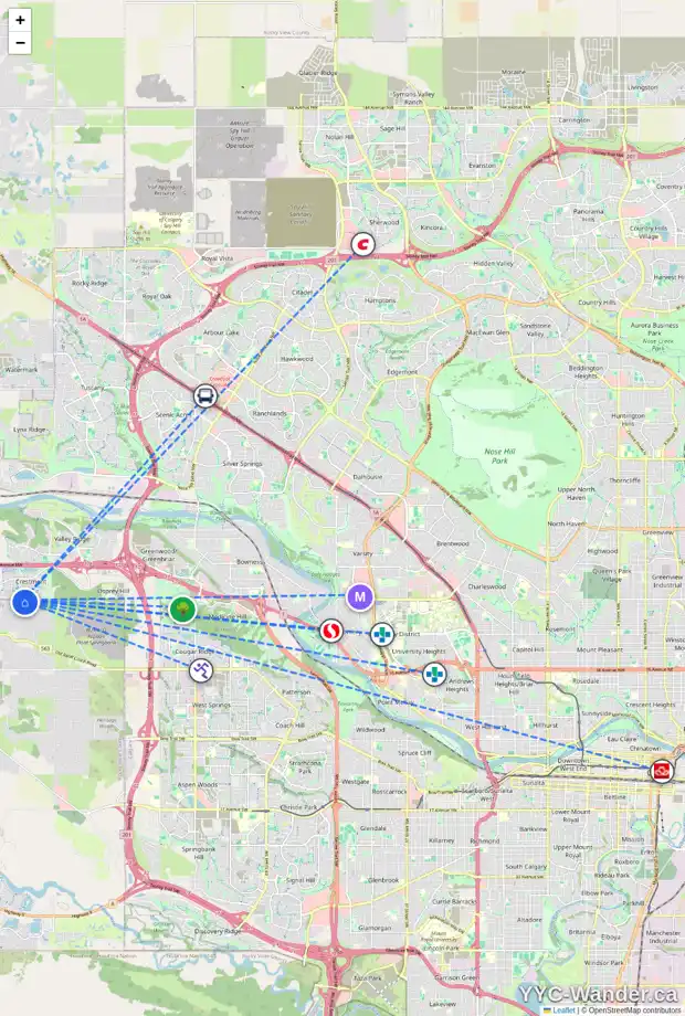 Daily accessibility map for 18 CRESTRIDGE LD SW, Calgary showing nearby schools, grocery stores, parks, LRT stations and nearby amenities