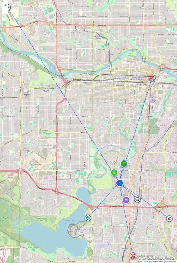 Daily accessibility map for 629 55 AV SW, Calgary showing nearby schools, grocery stores, parks, LRT stations and nearby amenities