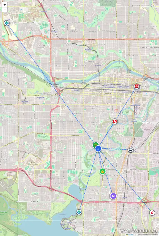 Daily accessibility map for 924 RIVERDALE AV SW, Calgary showing nearby schools, grocery stores, parks, LRT stations and nearby amenities