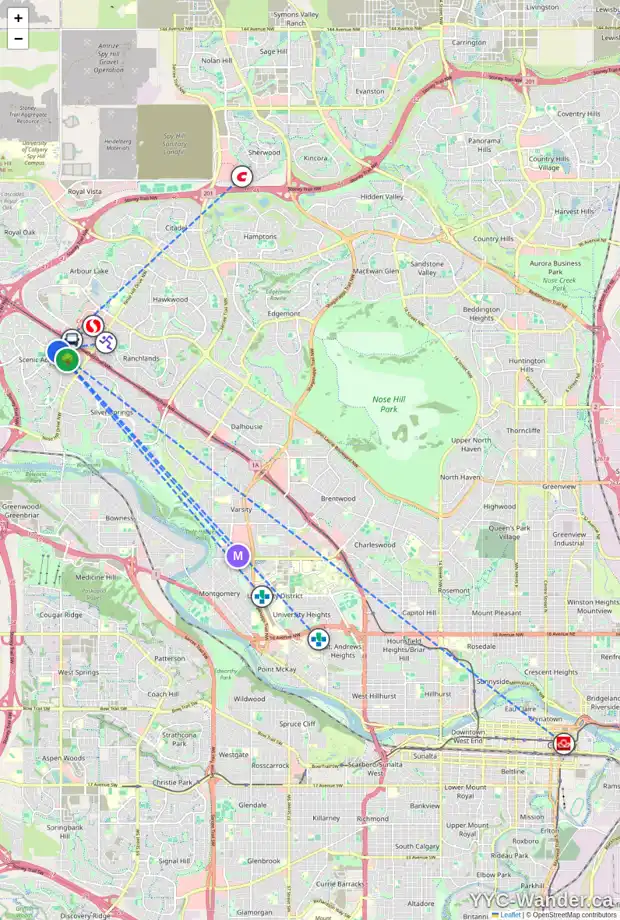 Daily accessibility map for 43 SCENIC GD NW, Calgary showing nearby schools, grocery stores, parks, LRT stations and nearby amenities