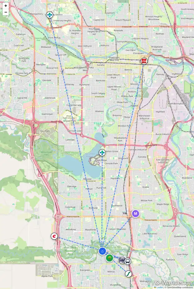 Daily accessibility map for 24 EVERGREEN GD SW, Calgary showing nearby schools, grocery stores, parks, LRT stations and nearby amenities