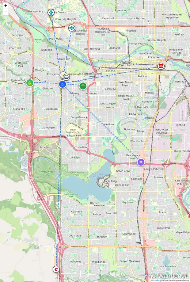 Daily accessibility map for 1 1929 36 ST SW, Calgary showing nearby schools, grocery stores, parks, LRT stations and nearby amenities