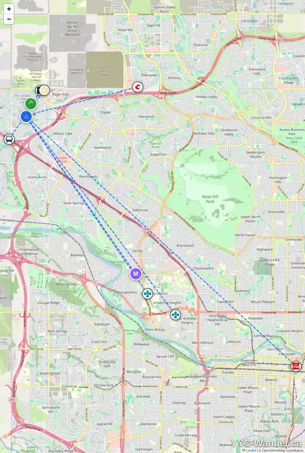 Daily accessibility map for 39 ROYAL BIRCH CV NW, Calgary showing nearby schools, grocery stores, parks, LRT stations and nearby amenities