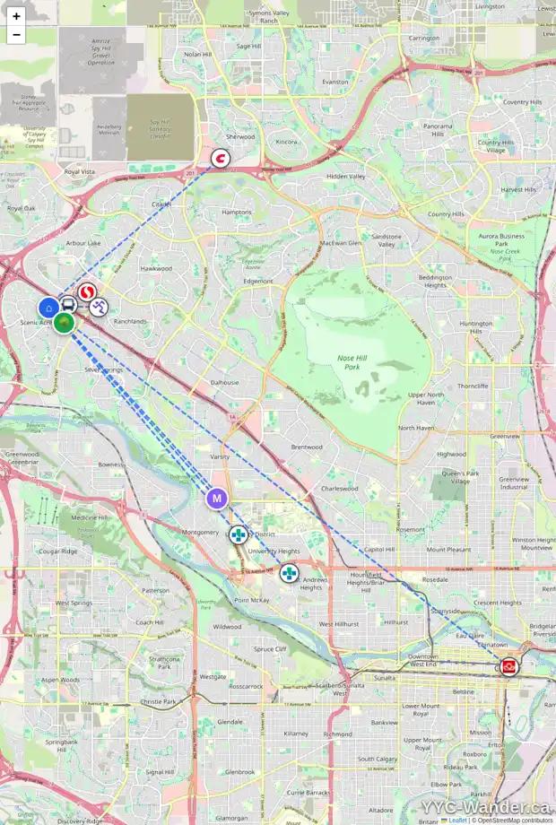 Daily accessibility map for 16 SCOTIA PT NW, Calgary showing nearby schools, grocery stores, parks, LRT stations and nearby amenities