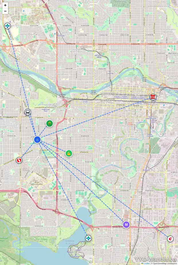 Daily accessibility map for 2824 30 ST SW, Calgary showing nearby schools, grocery stores, parks, LRT stations and nearby amenities