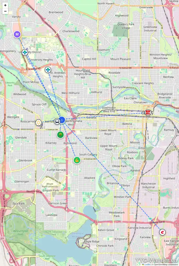 Daily accessibility map for 46 SOVEREIGN HT SW, Calgary showing nearby schools, grocery stores, parks, LRT stations and nearby amenities