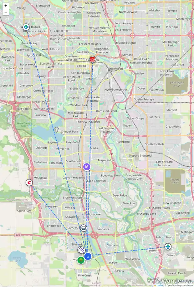 Daily accessibility map for 65 BELMONT DR SW, Calgary showing nearby schools, grocery stores, parks, LRT stations and nearby amenities