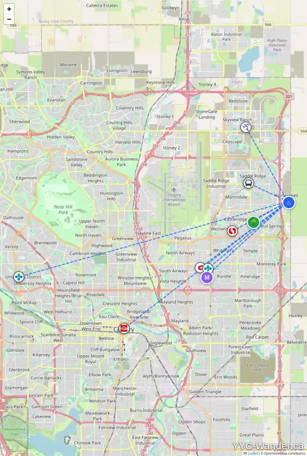 Daily accessibility map for 53 HOMESTEAD CR NE, Calgary showing nearby schools, grocery stores, parks, LRT stations and nearby amenities