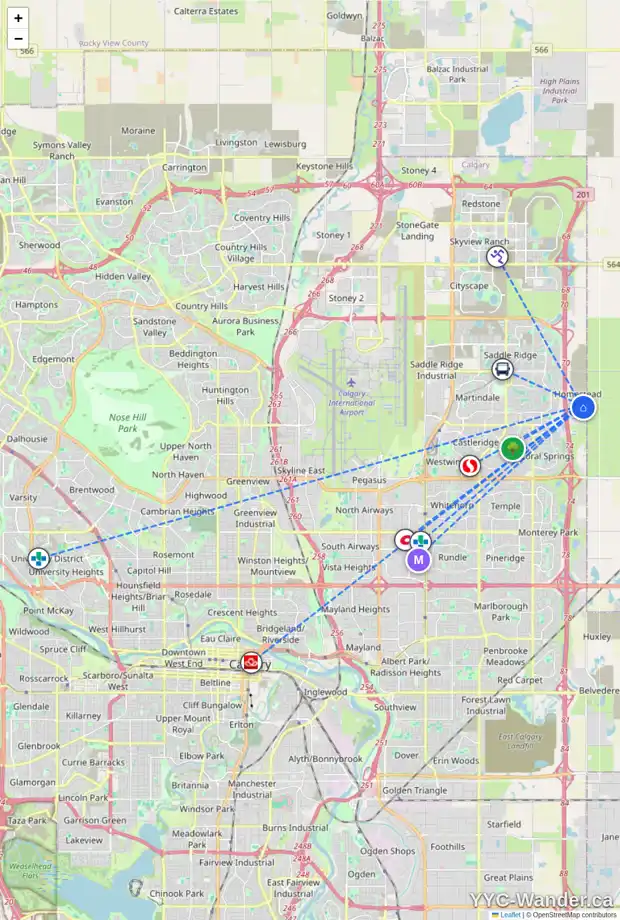Daily accessibility map for 9 HOMESTEAD PA NE, Calgary showing nearby schools, grocery stores, parks, LRT stations and nearby amenities