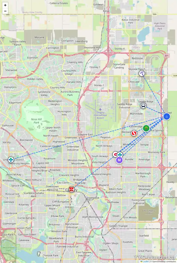 Daily accessibility map for 14 HOMESTEAD PA NE, Calgary showing nearby schools, grocery stores, parks, LRT stations and nearby amenities