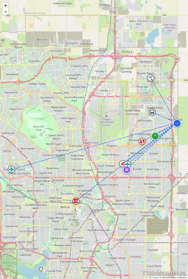 Daily accessibility map for 18 HOMESTEAD PA NE, Calgary showing nearby schools, grocery stores, parks, LRT stations and nearby amenities
