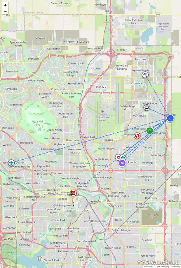 Daily accessibility map for 31 HOMESTEAD PA NE, Calgary showing nearby schools, grocery stores, parks, LRT stations and nearby amenities
