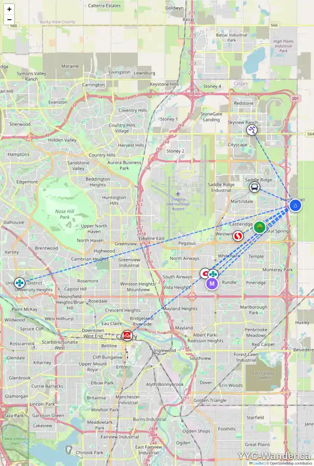 Daily accessibility map for 43 HOMESTEAD PA NE, Calgary showing nearby schools, grocery stores, parks, LRT stations and nearby amenities