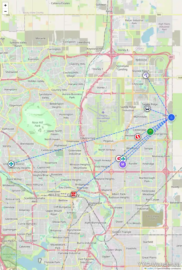 Daily accessibility map for 130 HOMESTEAD PA NE, Calgary showing nearby schools, grocery stores, parks, LRT stations and nearby amenities