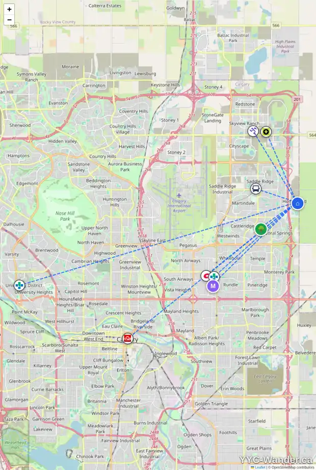 Daily accessibility map for 170 HOMESTEAD PA NE, Calgary showing nearby schools, grocery stores, parks, LRT stations and nearby amenities