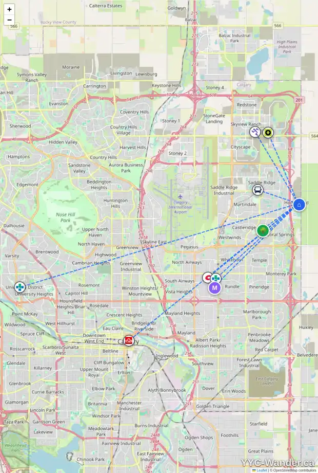 Daily accessibility map for 175 HOMESTEAD PA NE, Calgary showing nearby schools, grocery stores, parks, LRT stations and nearby amenities