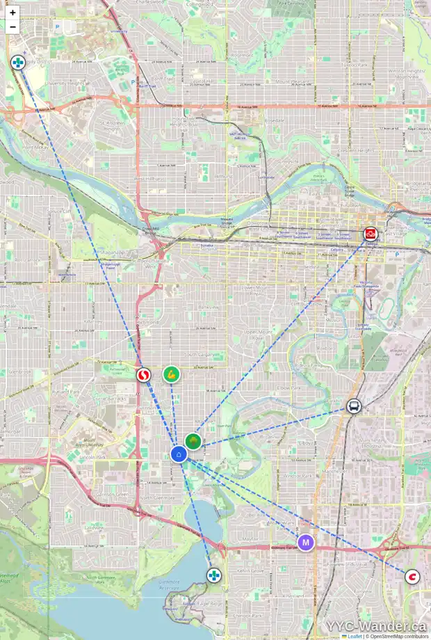 Daily accessibility map for 2022 49 AV SW, Calgary showing nearby schools, grocery stores, parks, LRT stations and nearby amenities