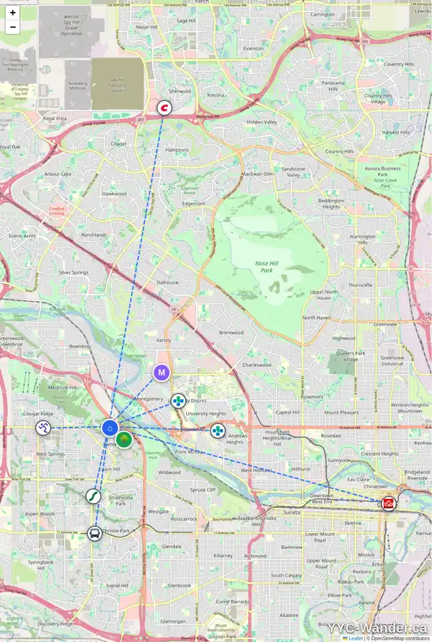Daily accessibility map for 136 PATRICK VW SW, Calgary showing nearby schools, grocery stores, parks, LRT stations and nearby amenities