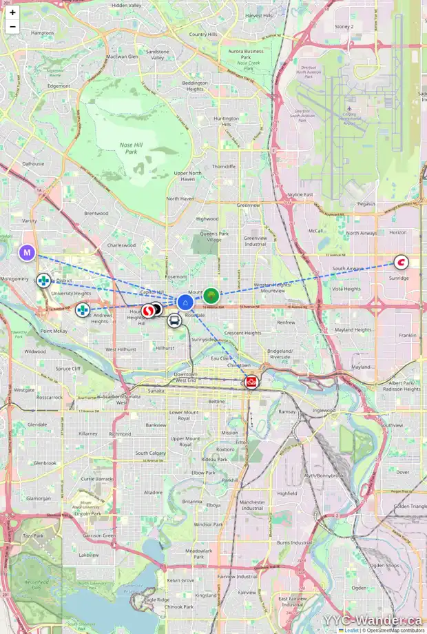 Daily accessibility map for 1135 18 AV NW, Calgary showing nearby schools, grocery stores, parks, LRT stations and nearby amenities