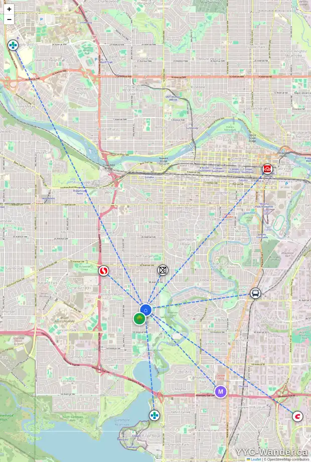 Daily accessibility map for 4506 16A ST SW, Calgary showing nearby schools, grocery stores, parks, LRT stations and nearby amenities