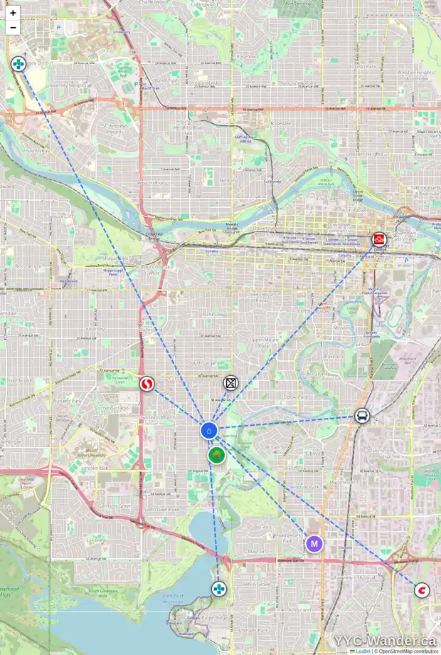 Daily accessibility map for 4315 16 ST SW, Calgary showing nearby schools, grocery stores, parks, LRT stations and nearby amenities