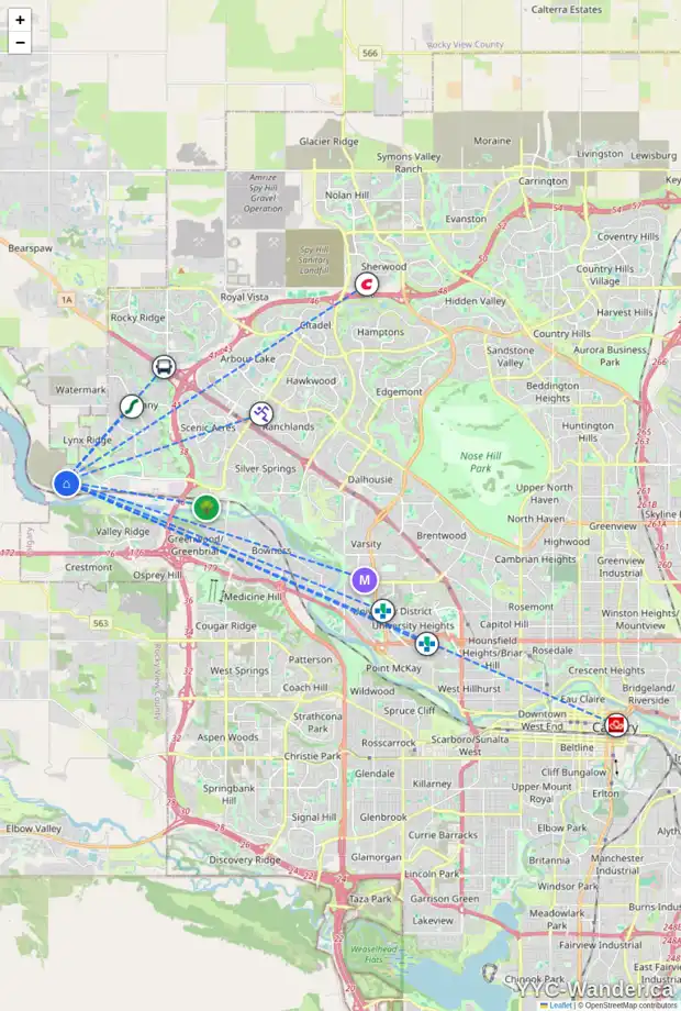 Daily accessibility map for 70 ROWMONT LI NW, Calgary showing nearby schools, grocery stores, parks, LRT stations and nearby amenities